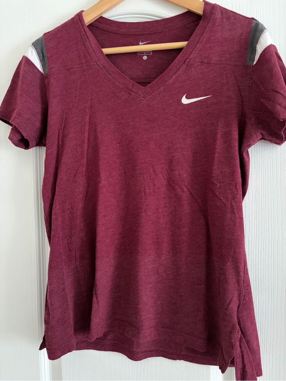 5/$25 Nike Women's Maroon V-Neck Muscle Tee with Grey Shoulder Accents